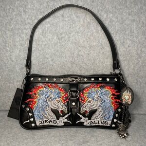 Ed Hardy Baguette Purse Women Small Black Dead or Alive Horse Tattoo Y2K NWT